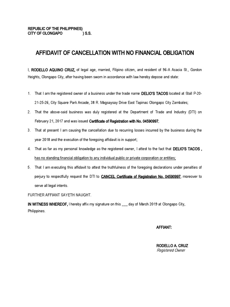 DTI Affidavit of Cancellation PDF