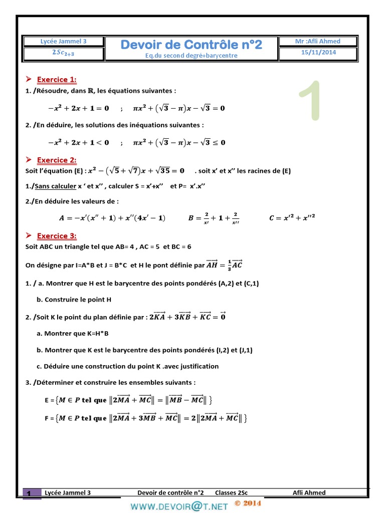 Devoir de contrôle : Équations et barycentres | PDF | Mathématiques ...
