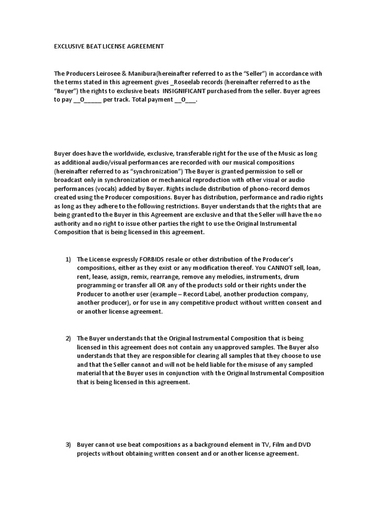 Exclusive Beat License Agreement | PDF | Royalty Payment | Sales