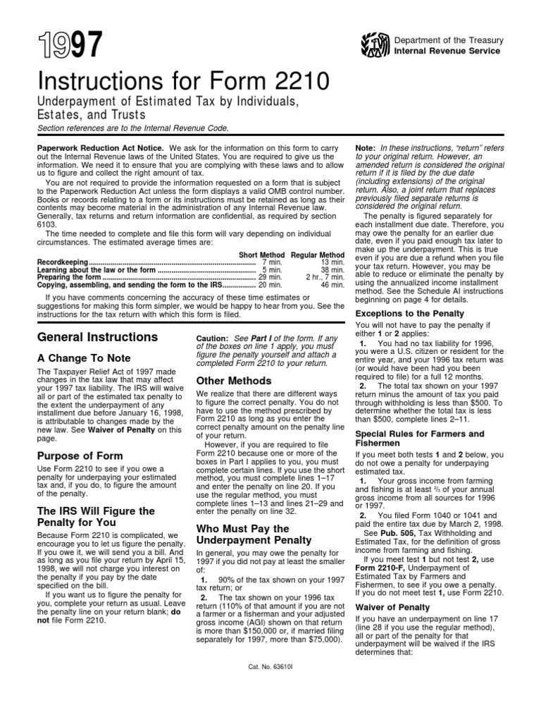 Us Internal Revenue Service I2210 1997 Withholding Tax