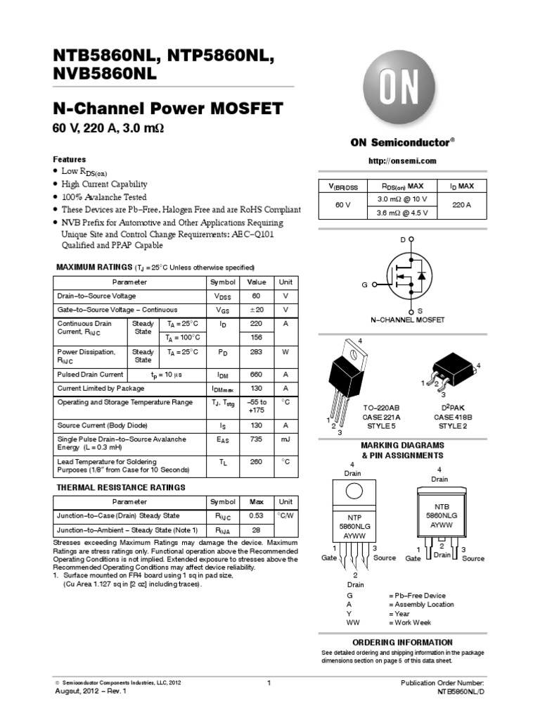 NTB5860NL, NTP5860NL, NVB5860NL N-Channel Power MOSFET: 60 V, 220 A, 3. ...