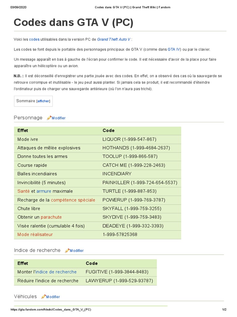 Codes Dans GTA V (PC) - Grand Theft Wiki - Fandom | PDF, image size:768x1024