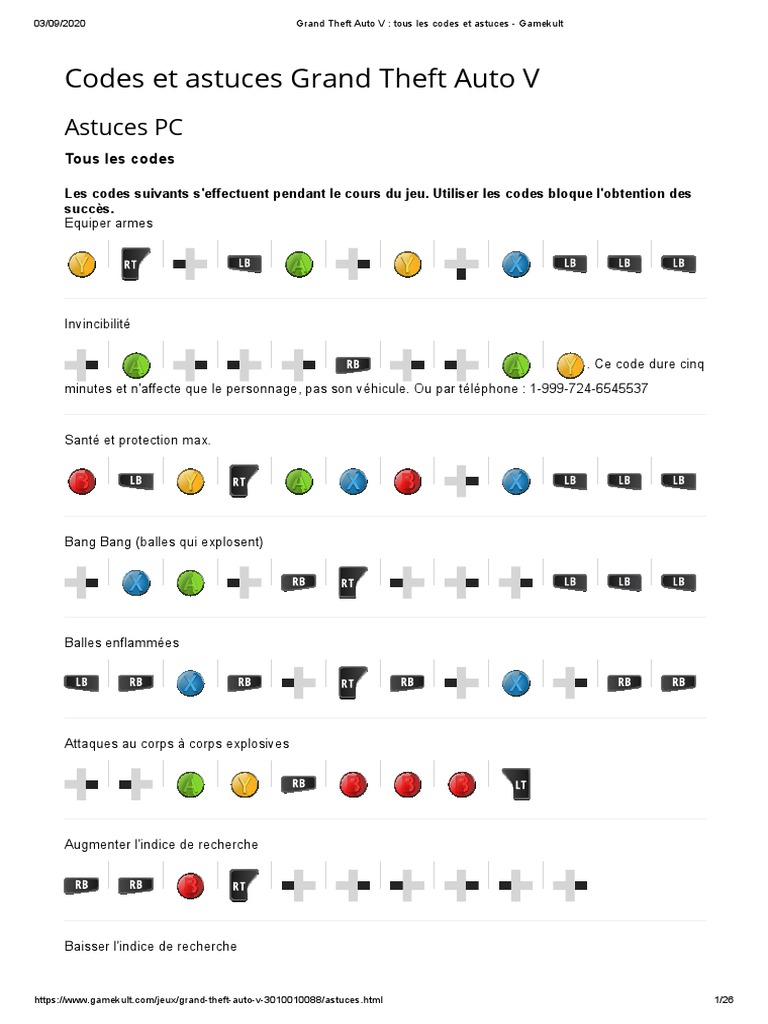 Grand Theft Auto V - Tous Les Codes Et Astuces - Gamekult | PDF | Jeux et  activités, image size:768x1024