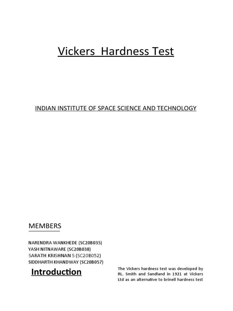 Vickers Hardness Test Indian Institute of Space Science and Technology
