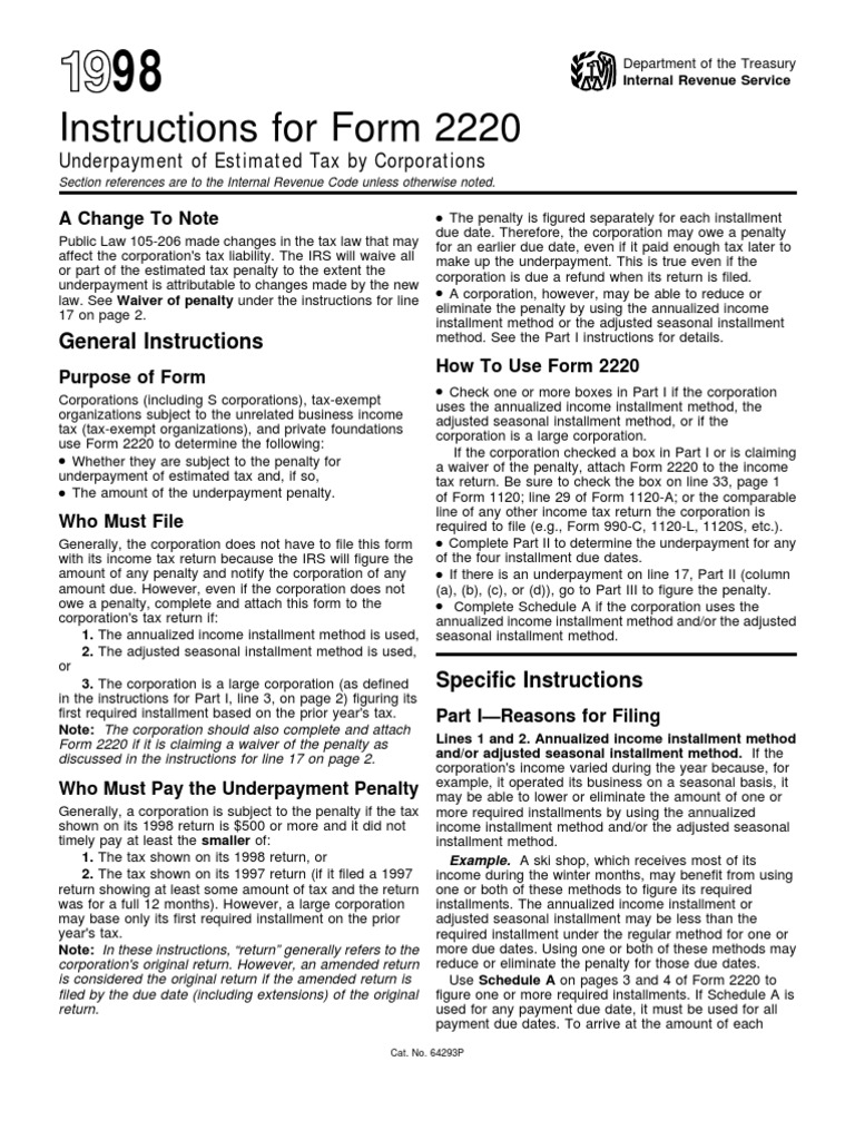Instructions For Form 2220 Underpayment of Estimated Tax by