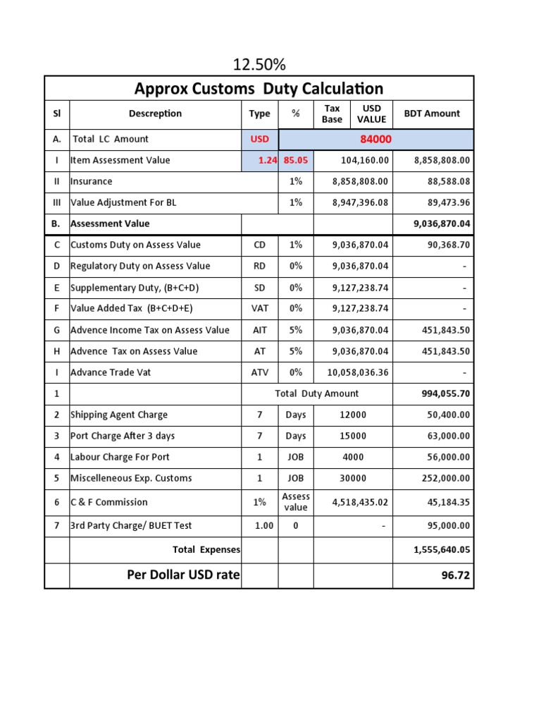 Approx Customs Duty Calculation SL Descreption Type BDT Amount Tax Base USD Value PDF