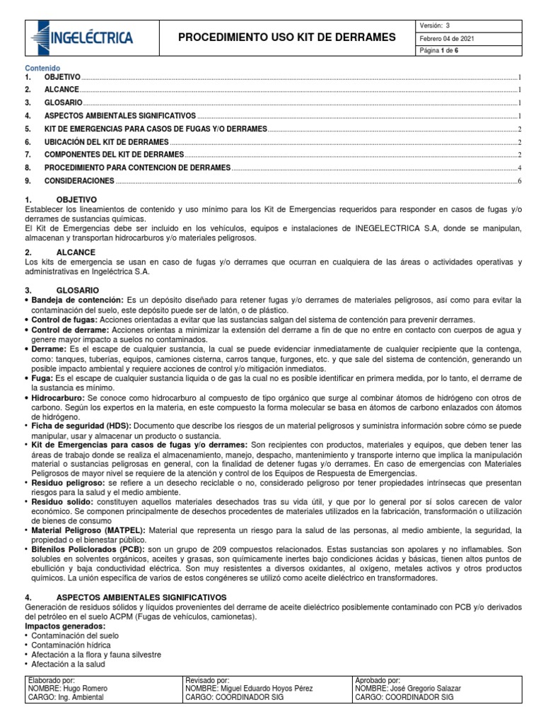 Procedimiento para Uso de Kit de Derrames | PDF | Residuos | Contaminación