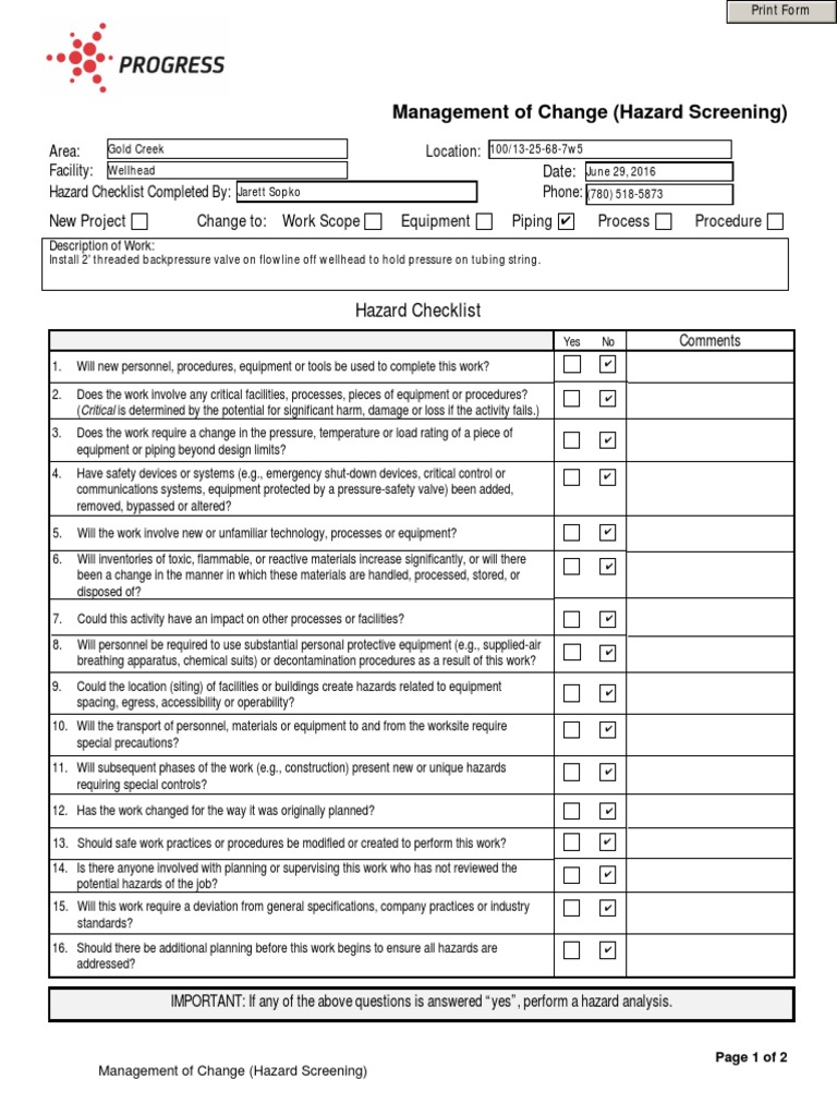 Hazard Screening for Change Management | PDF | Hazards | Occupational ...