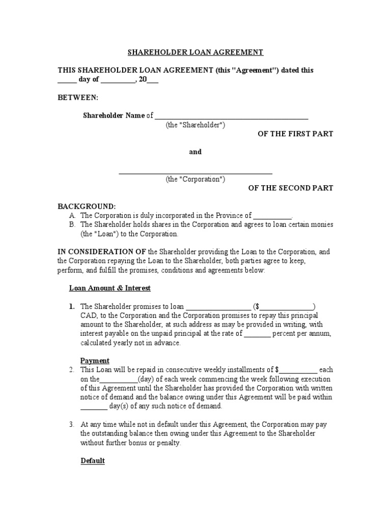 Shareholder Loan Agreement  PDF Pertaining To free shareholder loan agreement template