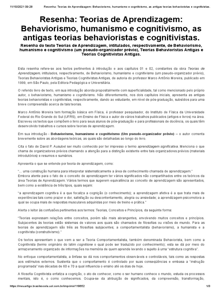 Teorias de Aprendizagem: Resenha Crítica | PDF | Aprendizado | Behaviorismo