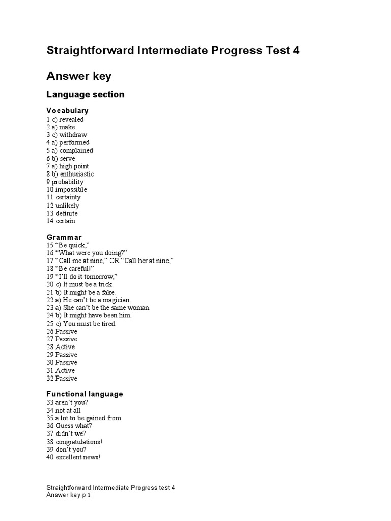 Straightforward Intermediate Progress Test 4 Answer Key: Language ...