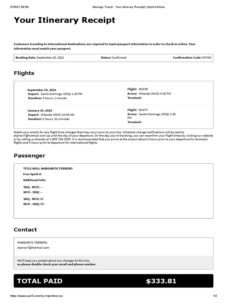 Manage Travel Your Itinerary Receipt Spirit Airlines PDF