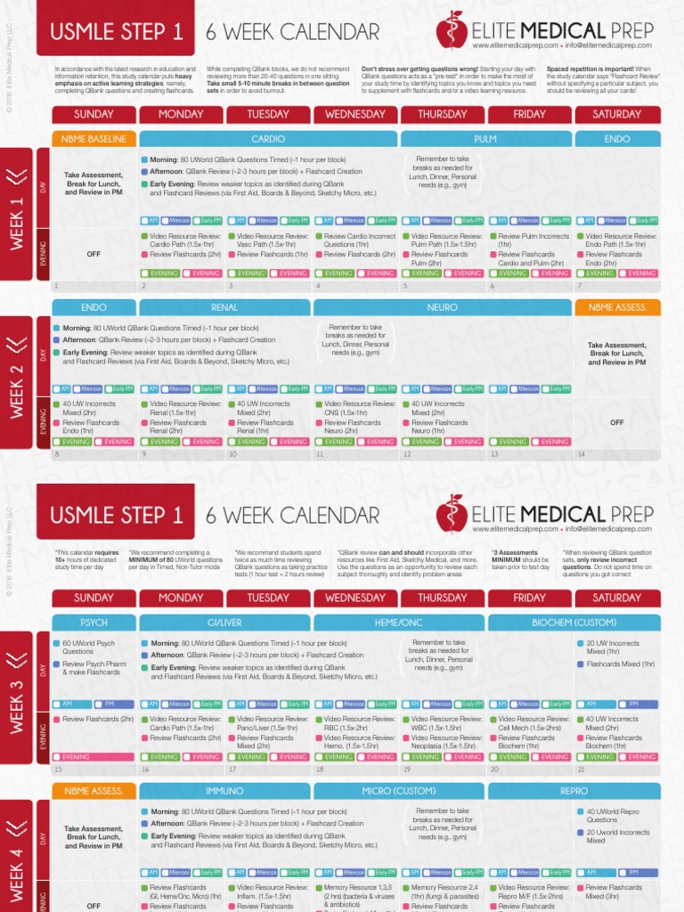 6 Week Calendar: Usmle Step 1 | PDF | United States Medical Licensing ...