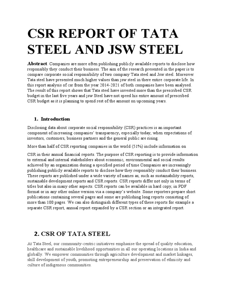 CSR Report of Tata Steel and JSW Steel | PDF | Corporate Social ...