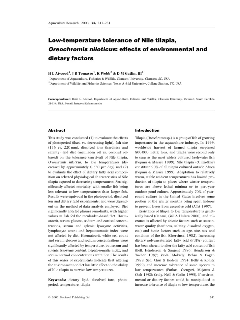Low-Temperature Tolerance of Nile Tilapia, Oreochromis Niloticus