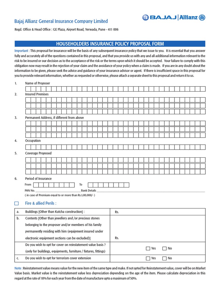 Householders Insurance Policy Proposal Form Bajaj Allianz General Insurance Company Limited