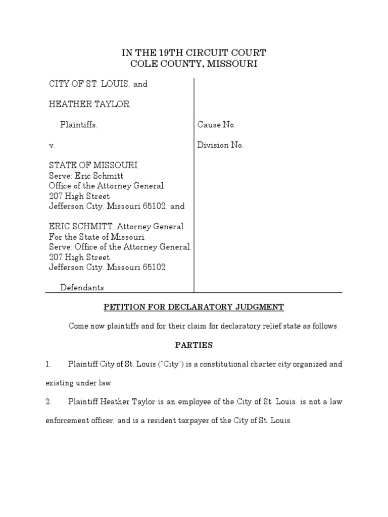 St Louis City Lawsuit Against Missouri SB26 PDF Indemnity Lawsuit