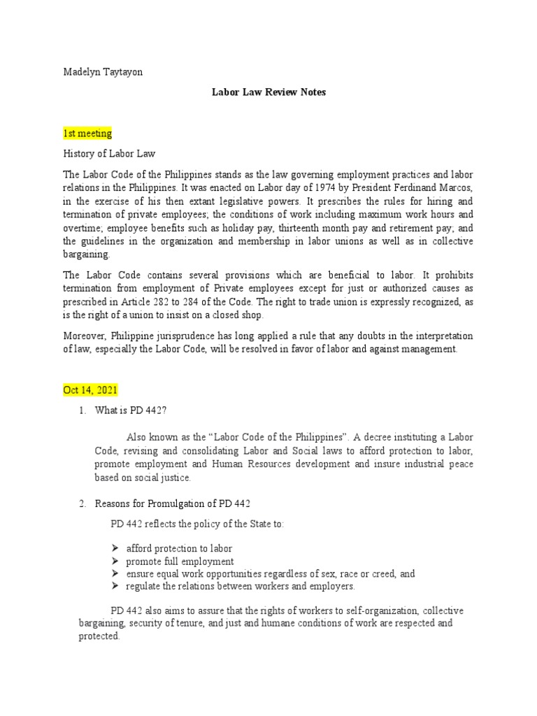 Philippine Labor Law Review Notes | PDF | Labour Law | Employment