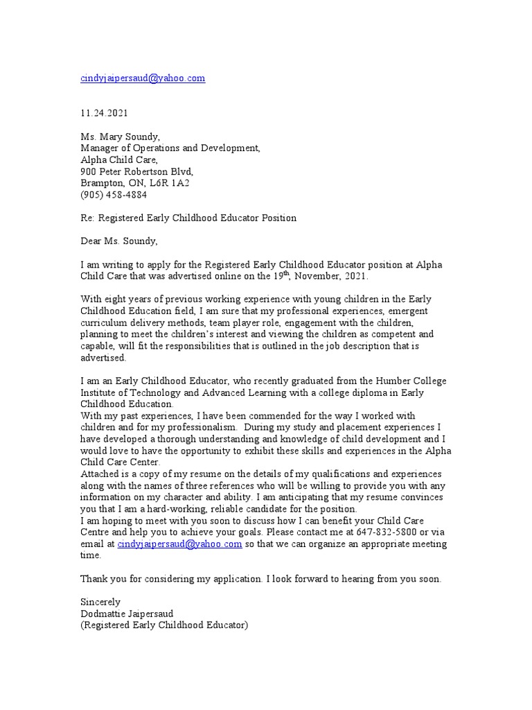 Cover Letter and Resume | PDF | Early Childhood Education | Teachers