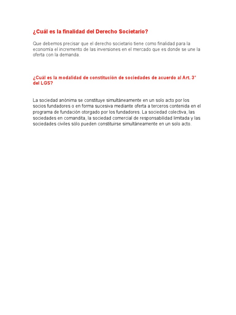 Cuál Es La Finalidad Del Derecho Societario PDF