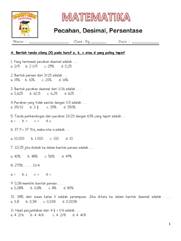 Soal Matematika Pecahan dan Persen Kelas 6 | PDF