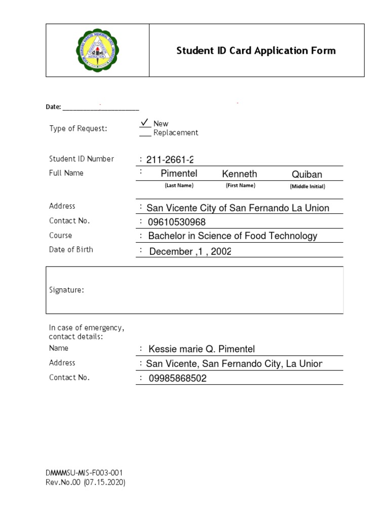 2021 Dmmmsu Student Id Card Application Form PDF