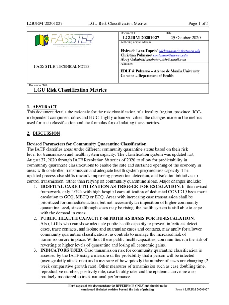 LGU Risk Classification Metrics | PDF | Quarantine | Risk