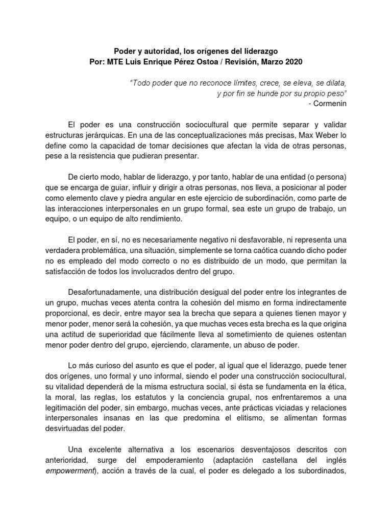 Poder y autoridad en el liderazgo | PDF | Liderazgo | Toma de decisiones