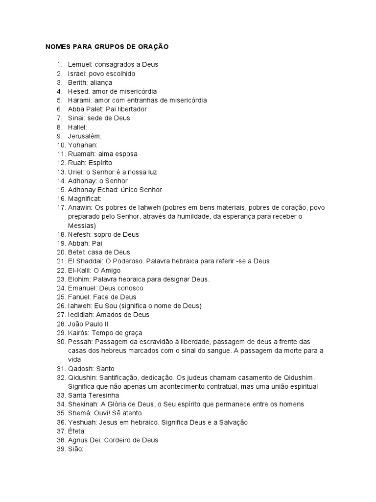 Sugestões de Nomes para Grupos de Oração PDF