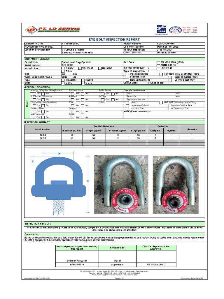 Eye Bolt Inspection Report Last of Examination PDF