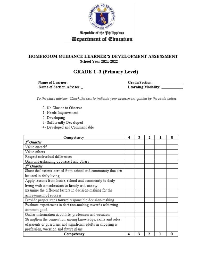 Homeroom Guidance Learners Development Assessment Grade 1 3 Deped