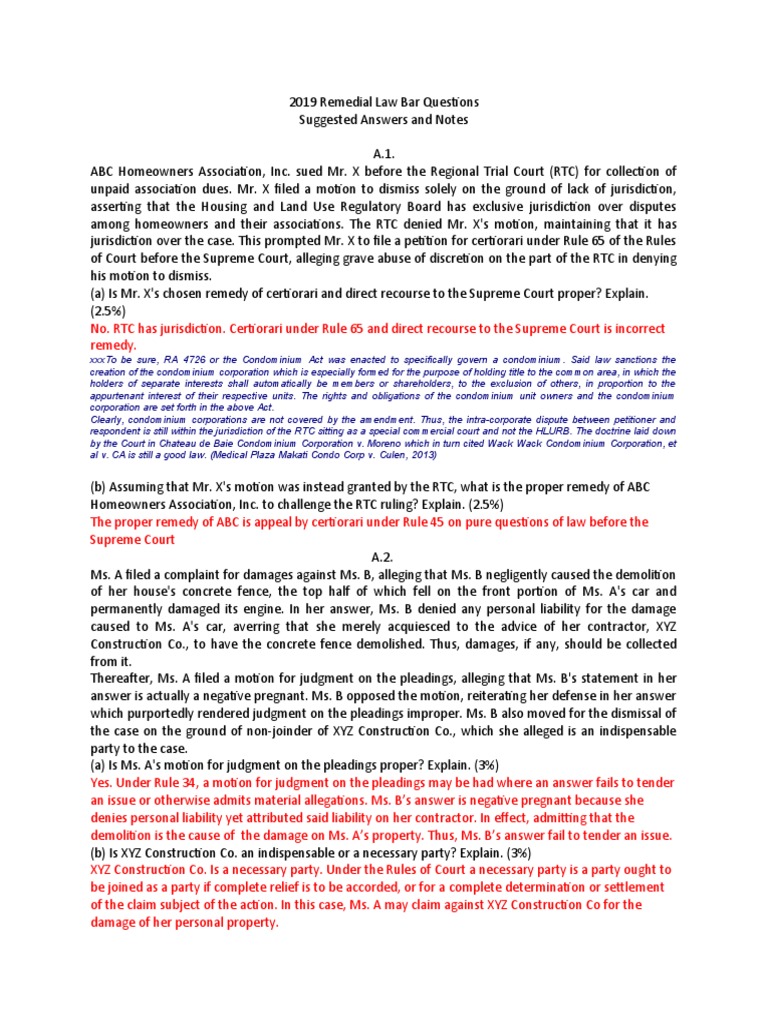 2019 Remedial Law Bar Questions PDF Plea Bail