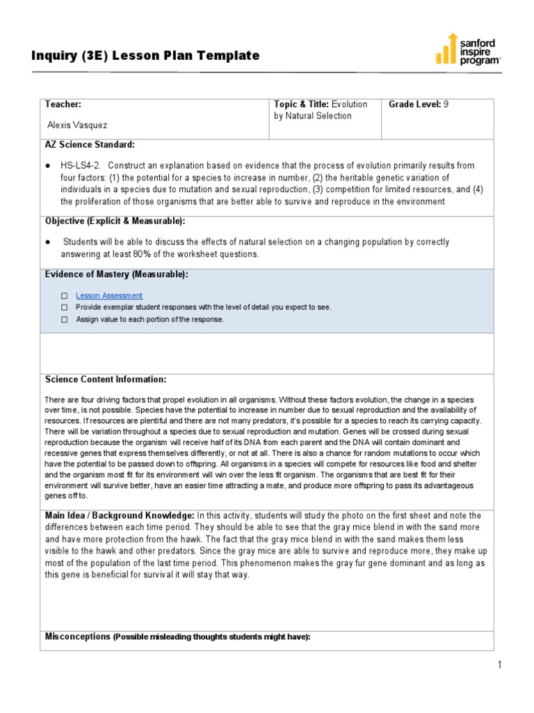 Natural Selection Lesson Plan for 9th Grade | PDF | Evolution | Natural ...