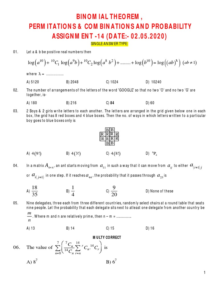 Binomial Theorem and Probability Assignment | PDF | Arithmetic ...