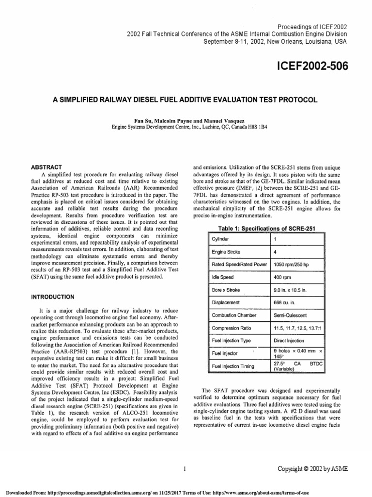 A Simplified Railway Diesel Fuel Additive Evaluation Test Protocol