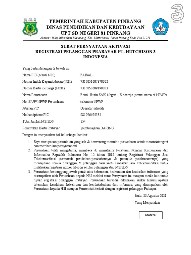 Surat Pernyataan Aktivasi Bulk Registrasi Utk Program Daring | PDF