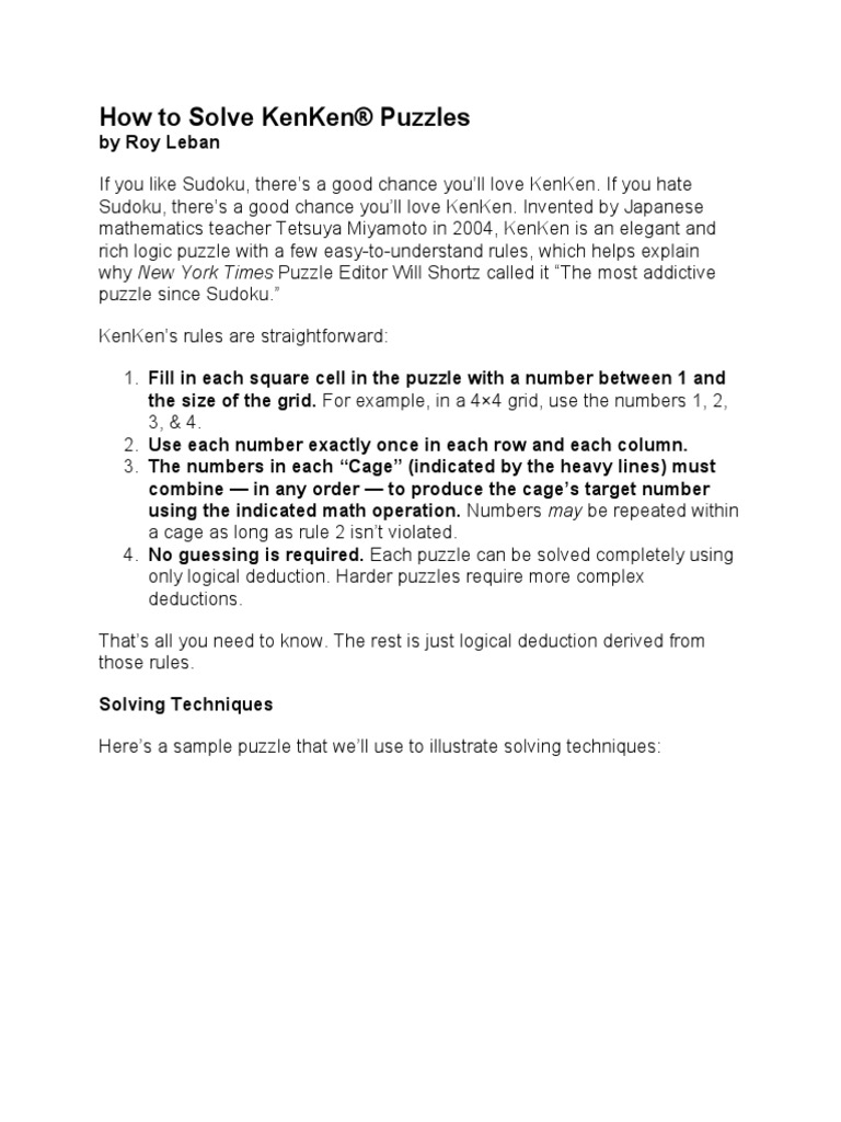 KenKen Puzzle 4x4 | PDF | Logic Puzzles | Games Of Mental Skill