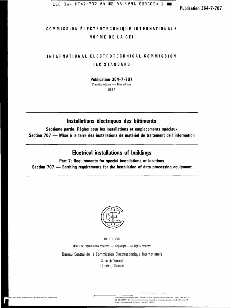 IEC 60364-7-707 Electrical Installations of Buildings - Requirements ...