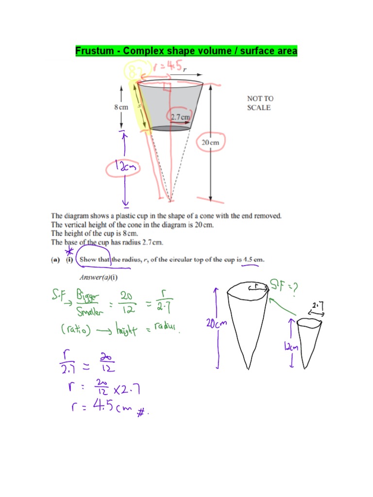 Frustum Volume and Surface Area Guide | PDF
