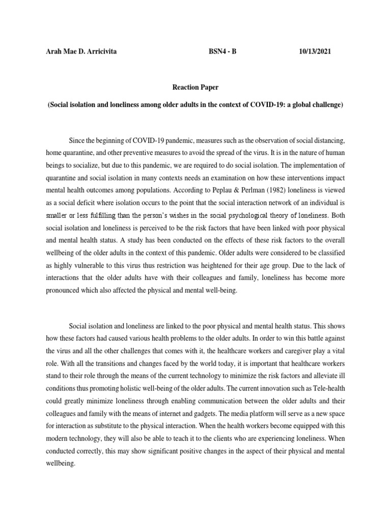 Impact of COVID-19 on Older Adults' Loneliness | PDF | Cerebral Cortex ...