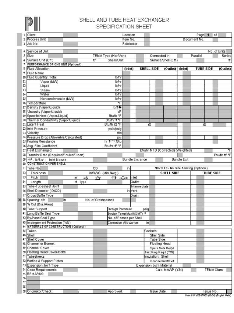 Shell and Tube Heat Exchanger Specification Sheet (Inlet) Shell Side