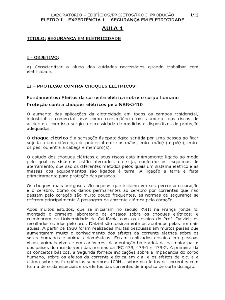Aula 1 Eletro I - Segurança em Eletricidade | PDF | Eletricidade | Rede ...