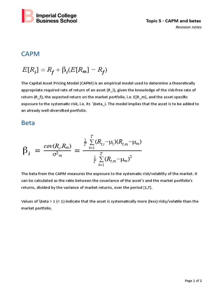 (R) (E (R) ) = R + β: i cov (R ,R) | PDF | Capital Asset Pricing Model ...