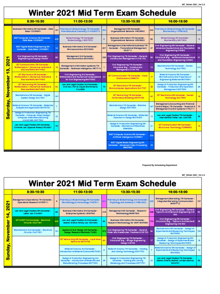 Winter 2021 Mid Term Exam Schedule | PDF | Engineering | Computer Science