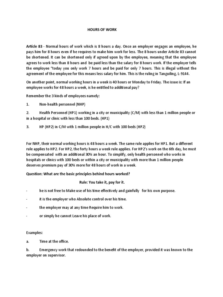 Labor Law Hours of Work PDF Employment Working Time