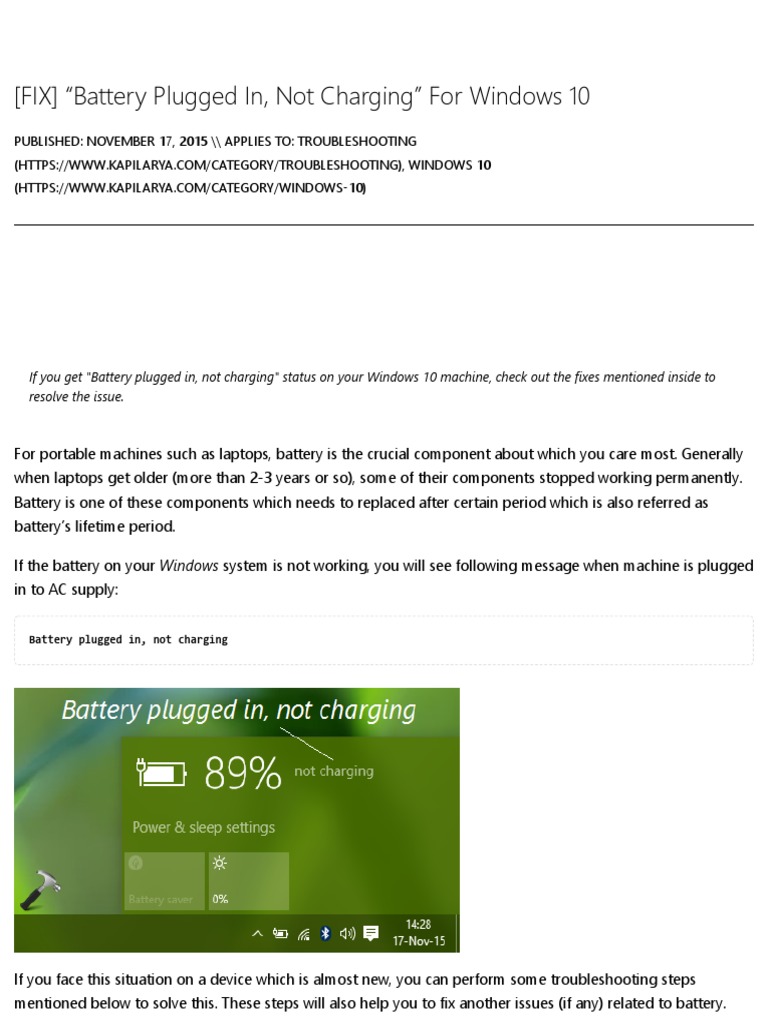 (FIX) Battery Plugged In, Not Charging'' For Windows 10 PDF Troubleshooting Laptop