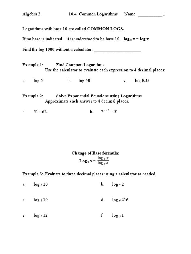 Common Logarithms in Algebra 2 | PDF | Teaching Methods & Materials