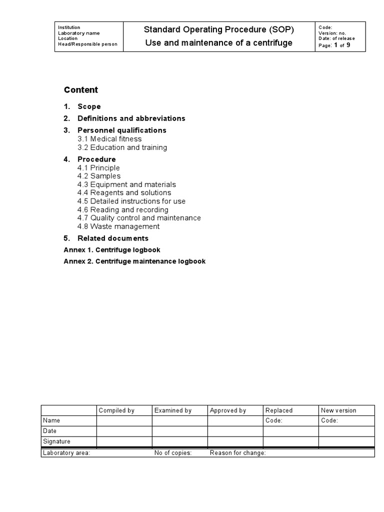 Content: Standard Operating Procedure (SOP) Use and Maintenance of A ...