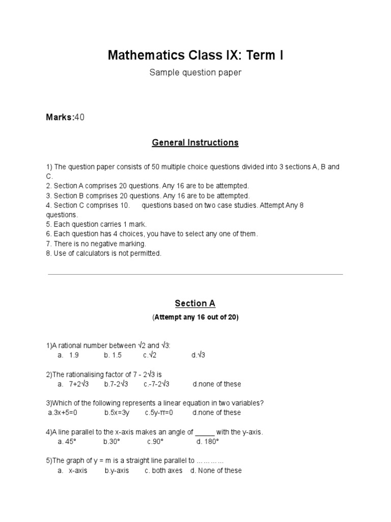 Sample Paper Mathematics Class IX - Term I | PDF | Cartesian Coordinate ...