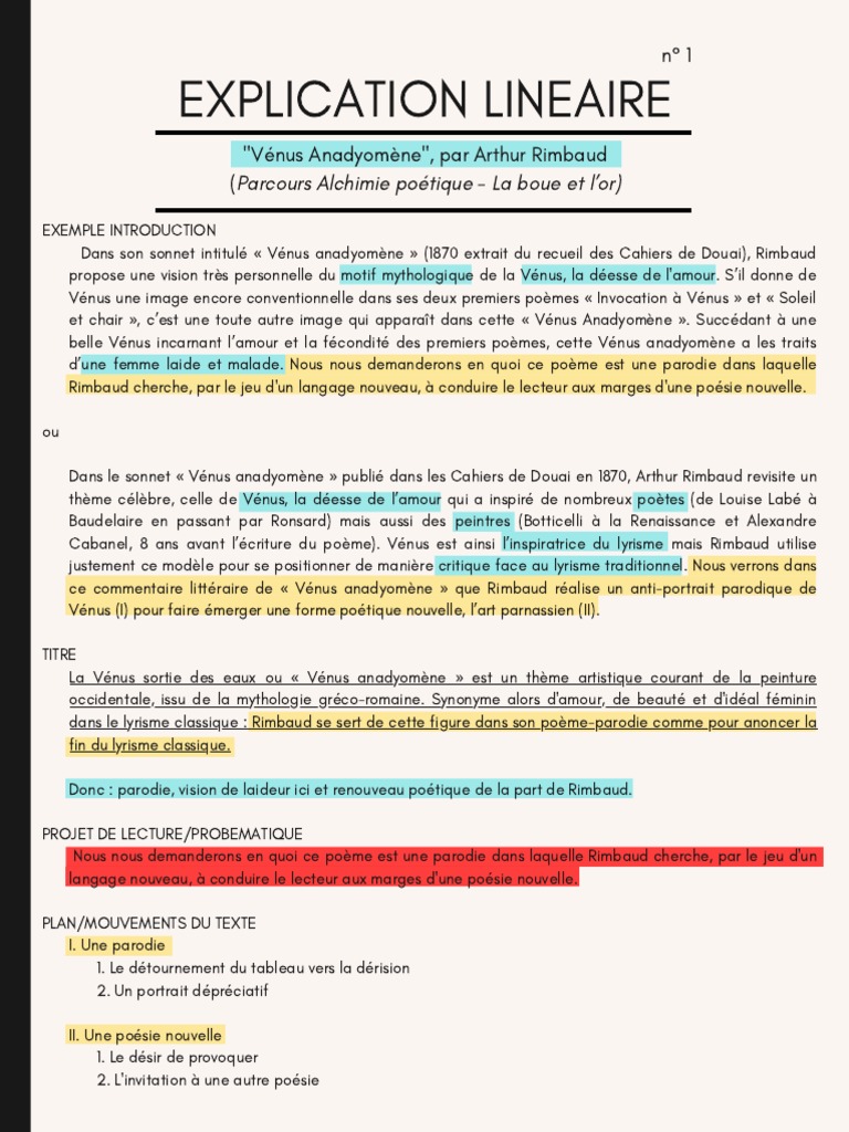 Explication Lineaire Pdf Arthur Rimbaud Poesie